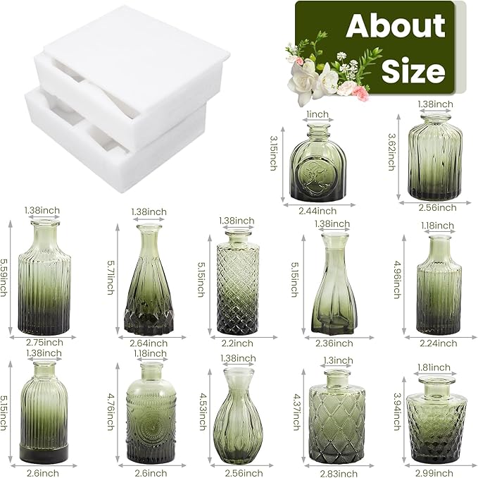 TBWIND 12pcs Green Glass Bud Vases Set, Small Vases for Flowers, Bud Vase for Centerpieces in Bulk, Mini Vintage Vase for Wedding Decorations, Office and Home Table Flower Décor