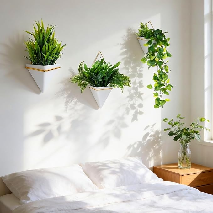 Rtteri 15 PCS Wall Hanging Planter Set with Artificial Greenery, 3 Ceramic Geometric Wall Planters in 3 Sizes, Modern Indoor Decor for Living Room Bathroom Office
