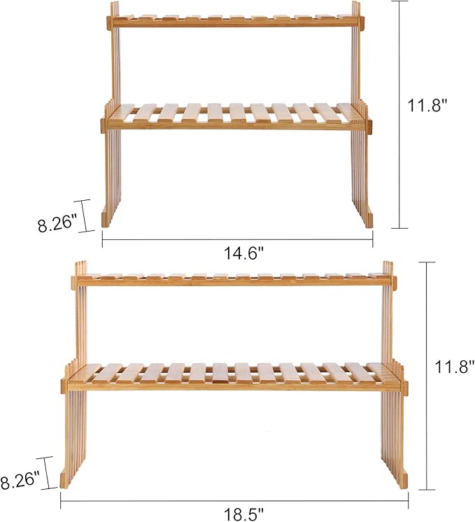 GURECOD 14.6"/18.5" 2 Tiers Bamboo Plant Stand Shelf,Desk Flower Pot Holder,Adjustable Desktop Shelf Display Organizer Ladder Rack for Office Decorate Storage Rack,Kitchen Rack (14.6" Length)