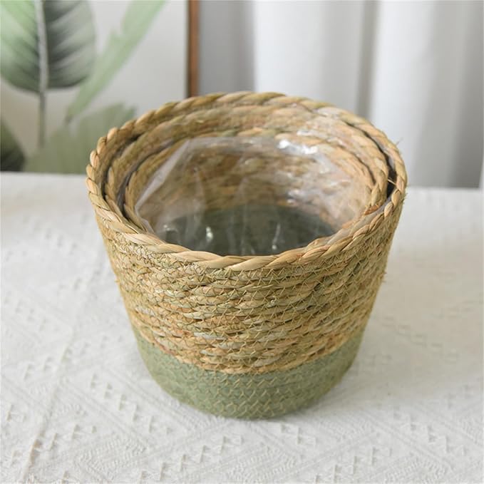 Seagrass Planter Basket Small Size Wicker Storage Basket with Plastic Liner Hand Woven Rattan Flower Pot Rustic Boho Plants Container for Home Farmhouse Indoor Outdoor (Large)