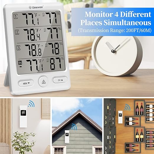 Geevon Indoor Outdoor Thermometer Wireless with 3 Remote Sensors, Digital Hygrometer Indoor Thermometer, Temperature Humidity Monitor Gauge with 200FT/60M Range
