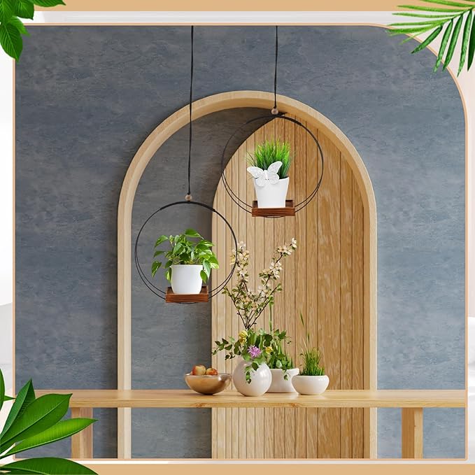 Geelin 4 Pack Plant Hanger with Wood Base Hanging Window Planter Boho Macrame Hanging Potted Plant Holders for Indoor Outdoor Window Wall Ceiling Home Decoration, Pot & Sapling Not Included (Brown)
