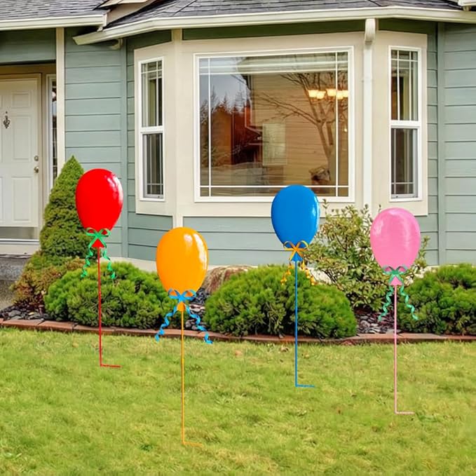 32" Decorative Garden Stakes Set of 4, Happy Birthday Yard Stakes, Metal Balloon Yard Art, Rustproof Metal Garden Decor & Yard Decorations Outdoor, Metal Flowers for Outside in 4 Colors