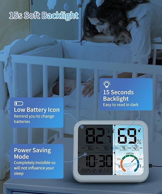 VOCOO 5.8" Large Display Indoor Thermometer Hygrometer - Backlight LCD with Comfort Indicator, Max/Min Records, Clock & Calendar, Dual Power (USB/Battery), Wall Mount or Tabletop