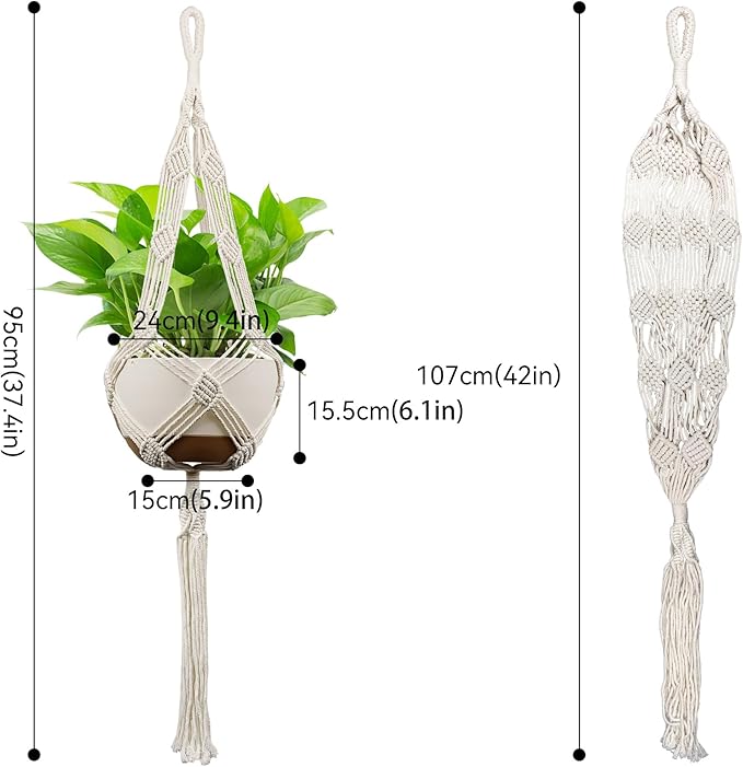 USLAI Macrame Plant Hanger Indoor Outdoor, Up to 4-12 inch Pot, Heavy 20lb Planters, Extra Long Strong Hanging Planter Basket Holder, Boho Home Decor, 42+42 Inch, Ivory (POTS NOT Included)