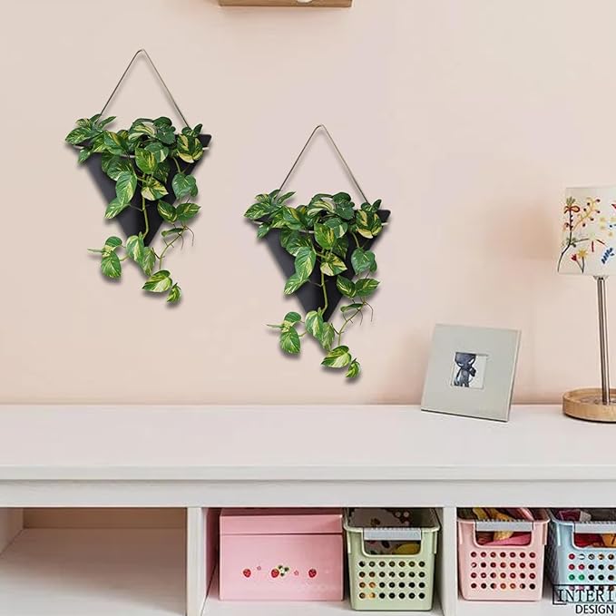 Black Wall Planter, 2Pcs Wall Planter for Indoor Plants, Ceramic Hanging with Metal Frame Geometric Decor for Air Plant Mini Cactus Faux Plants