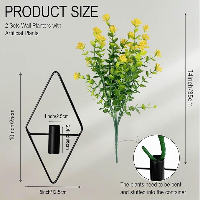 2 Pack Wall Hanging Planters with Artificial Plants, Sturdy Geometric Metal Wall Decor, Adjustable Greenery for Home Decor, Indoor Plants, Bedroom Living Room Bathroom, Art Decor