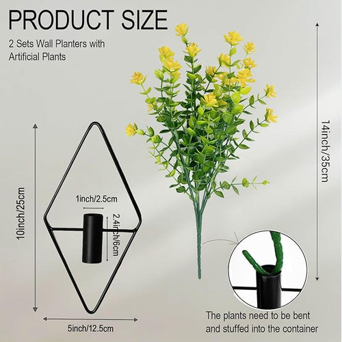 2 Pack Wall Hanging Planters with Artificial Plants, Sturdy Geometric Metal Wall Decor, Adjustable Greenery for Home Decor, Indoor Plants, Bedroom Living Room Bathroom, Art Decor