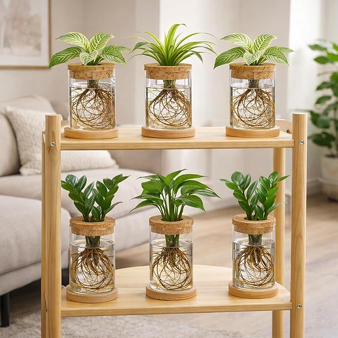 6 Pack Glass Plant Propagation Stations Hydroponic Vases with Wooden Saucer Small Glass Jar Planters Plant Station Bud Vases for Desks Home Garden Office Decorations
