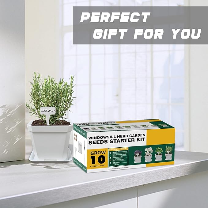 Meekear 10 Herb Seeds Garden Starter Grow Kit with White Pots, Markers, Nutritional Soil, Watering, Herb Clipper, Complete Indoor Potted Plant Growing Set for Kitchen DIY