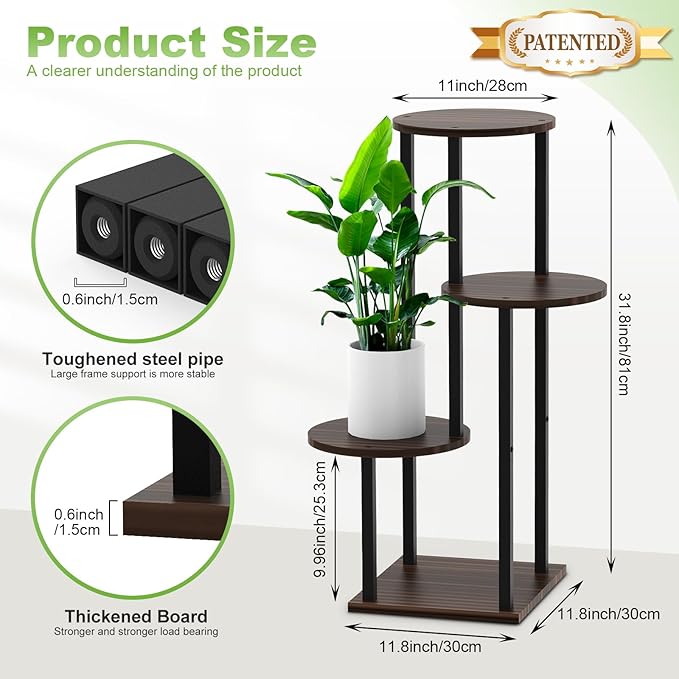 4 Tier Wood Tall Plant Stand Metal Rack Indoor, Multiple Flower Pot Holder Shelves Corner Rack, Round Planter Shelf Display Rack Storage Organizer for Patio Living Room Balcony(Black+Oak)