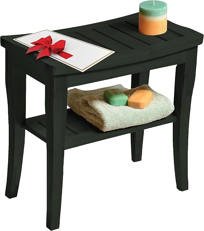 Black Shower Bench - Small Wooden Shower Stool with Storage Shelf, Non-Slip Bathroom Seat, Spa Decor Bath Bench, Foot Rest Shaving Stool for Shower, Indoor Outdoor Use, Great Gift Idea (17" x 9 x 17)