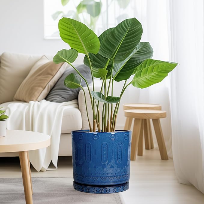 Eightpot 10 Inch Plant Pot - Ceramic Planter Outdoor Plant Pot Indoor with Drainage Holes and Saucer Large Flower Pot Round Decorative Planter for Garden Patio Decor Blue