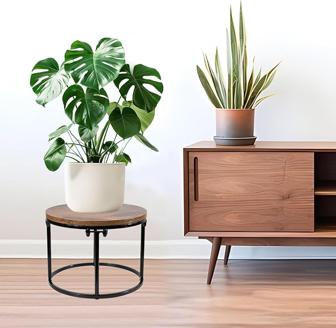 ARTORA Plant Stand Indoor Short Plant Shelf Mid Century Metal and Wood Stool Flower Pot Holder Modern Plant Display Low Rack for Living Room Balcony Garden Patio(Black&Brown)