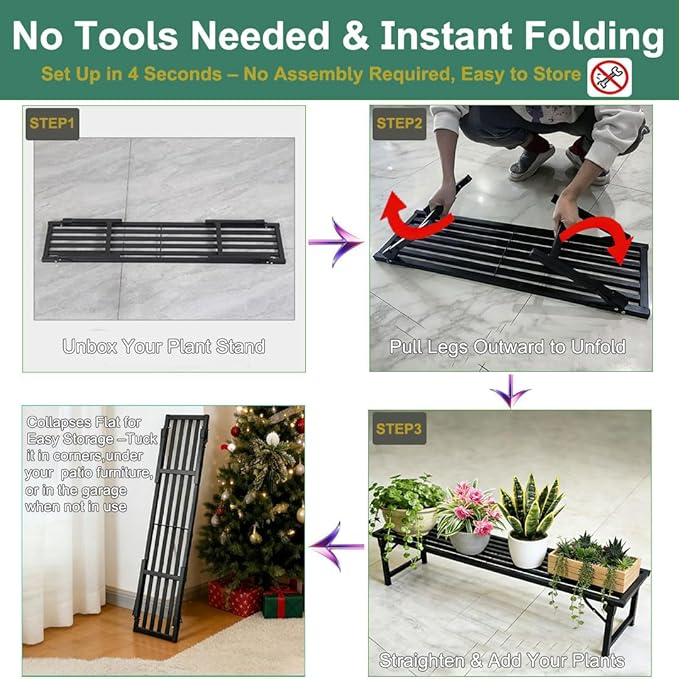 Foldable Plant Stand, No Assembly Heavy Duty Iron Plant Shelf, Rustproof Single Tier Plant Rack for Indoor Outdoor, Long Narrow Flower Stand for Patio Balcony Garden Living Room, 33" L x 9.7" W x 11.7" H