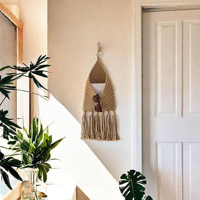 Macrame Mail Organizer Wall Mounted, Hanging Woven Basket for Boho Home Office Decor, Over the Door Key and Mail Letter Envelope Holder for Entryway Hallway, Olive Green