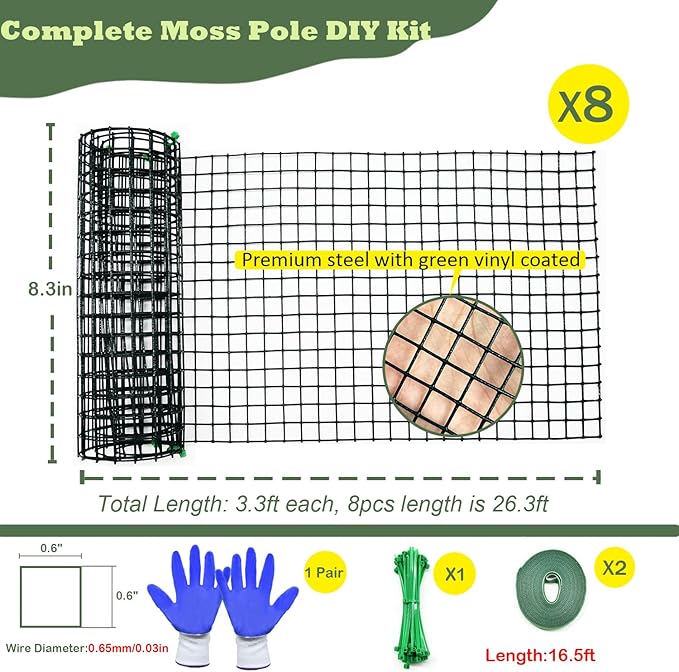 Moss Pole DIY Kit, 26.3ft Moss Pole for Plants Monstera, 8pcs 8.3in×3.3ft Steel Wire Mesh with Ties, Max Make 13Pcs 24" Sphagnum Moss Pole, Mesh Moss Poles (26.3ft Wire Mesh Without Plier)