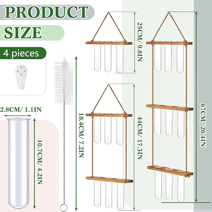 Leumoi 3 Pcs Wall Hanging Plant Propagation Station with Wooden Stand, 18 Glass Test Tubes, 1/2/3 Tiered Planters for Hydroponic Cuttings, Indoor Wall Decor, Office Home Garden Gift