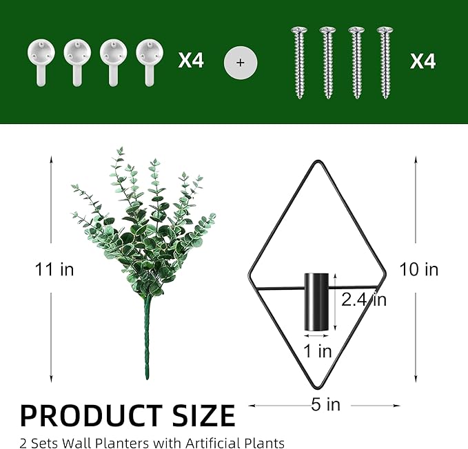 2 Pack Black Wall Decor Hanging Planters with Artificial Plants Metal Hanging Vase Indoor Plants Holder Modern Boho Wall Art for Bathroom Bedroom Living Room Office (Black, Eucalyptus)