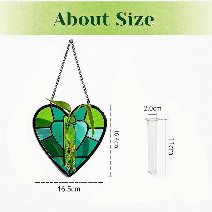 QLCBELOVE Stained Glass Plant Propagation Station, Handmade Suncatchers Window Hanging Decor, Hanging Hydroponic Planter Terrarium with 2 Glass Tubes for Home & Garden Decor, Green, Indoor Outdoor