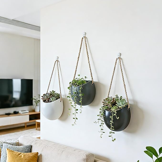 Set of 3 Ceramic Wall Vases - Hanging Pocket Planters for Indoor Plants, Wall Decor for Entryway Hallway Bathroom Living Room Dining Room