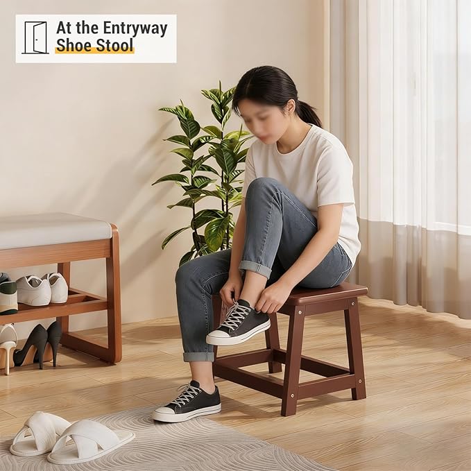 Wooden Step Stool, Foot Stool, Shoe Bench, Small Side End Table, Small Sofa Foot Stool for Bathroom Living Room Bedroom Kitchen Entryway Modern Sturdy 16.5x11x11.8inchs (Coffee)