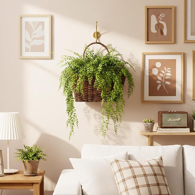 Hanging Wall Basket Handwoven Wicker Basket for Plants, Flowers & Storage, Rustic Farmhouse Wall Decor Organizer, Dark Brown Plastic Rattan