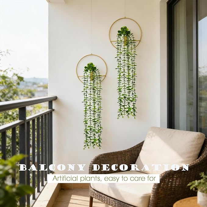 GREENTIME 2 Pack Fake Succulent Plants Hanging Artificial Ivy Vine with Gold Round Metal Hanging Vase Faux Hanging Eucalyptus for Teacher Appreciation Living Room Bedroom Boho Kitche Wall Shelf Outdoo