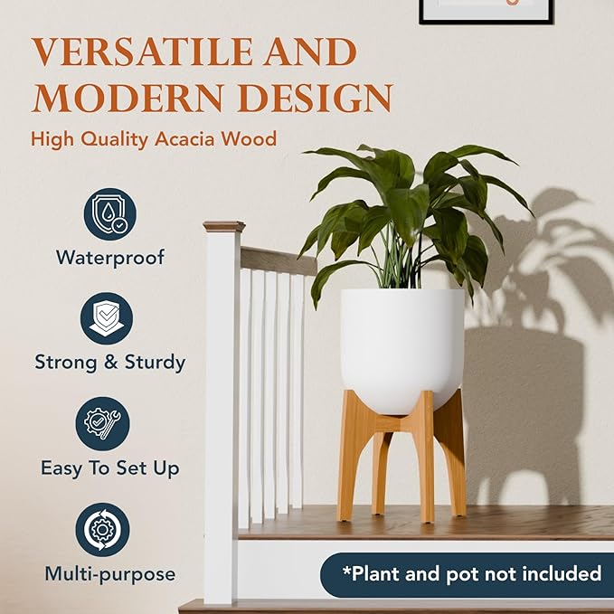 KUTE NEST Acacia Wood Plant Stand - Elegant Match for Corso/Arco Planter, Small Indoor Solid Wood Plant Holder with Golden Teak Finish for Modern Home Decor (Golden Teak, High - Small)