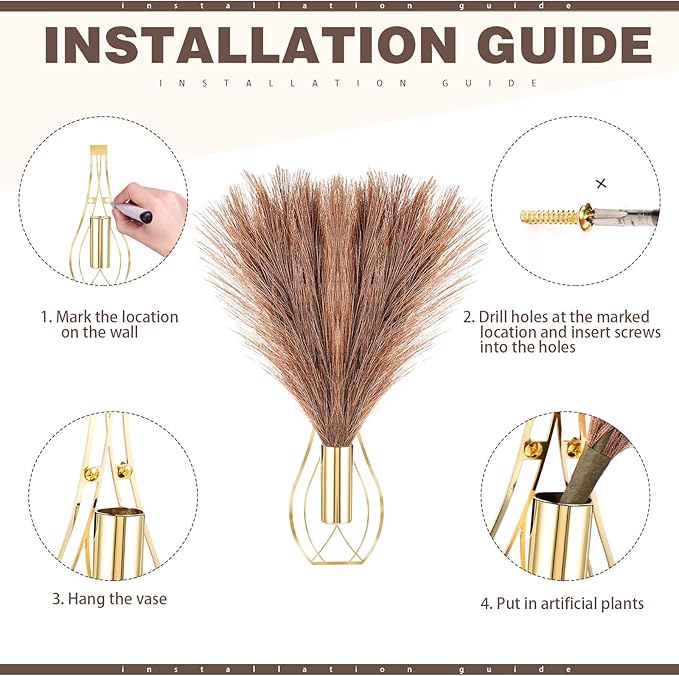 Otoolling 2 Pieces Hanging Plant Wall Decor with Artificial Pampas Grass Metal Hanging Vase Modern Geometric Farmhouse Bohemian Wall Art for Living Room Bedroom Kitchen Office(Gold, Brown)