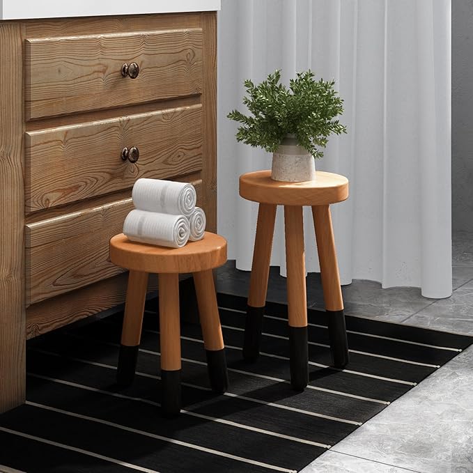 Rubber Wood 9" Round Plant Stand |Dip Dyed Black Stool, Wood Riser |Milking Stool (12" H)