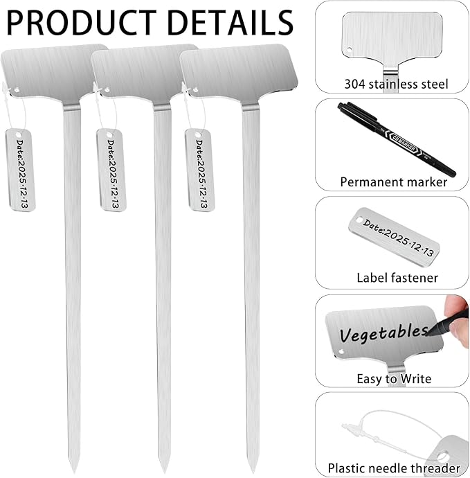 304 Stainless Steel Plant Markers, 10 Waterproof Metal Plant Label Stakes with 10 Tag Buckles & Marker Pen, 12.75" Garden Markers for Outdoor Indoor Plants Identification.