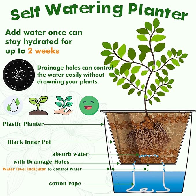 Planterhoma 6.7 Inch Self Watering Pots for Indoor Plants, 8 Packs African Violet Pots with Indicator, Black Wick Pot with Drainage Holes, Self Watering Planters for Orchid, Devil's Ivy, White