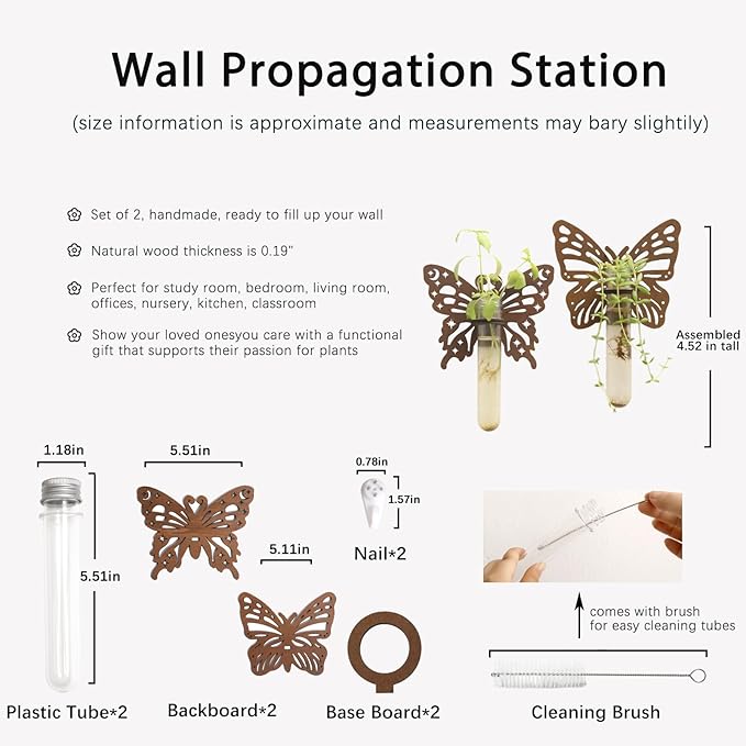 Artilady 2 Pack Plant Propagation Station Butterfly Wall Hanging Wood Plant Terrarium for Hydroponics Home Office Decor Test Tube Propagate Air Cutting Holder