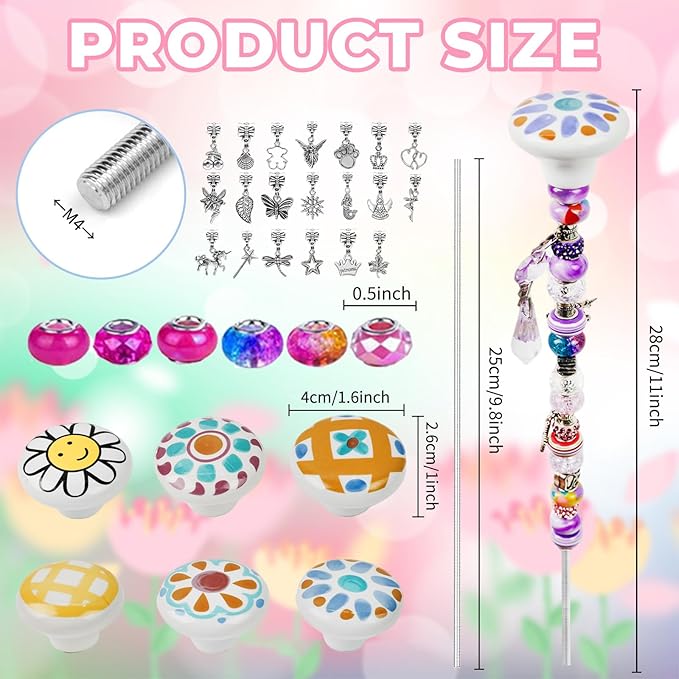 178 Pcs Beaded Garden Stakes Decorative DIY Fairy Wands Kit for Garden with 6 Colorful Cartoon Stopper Top 120 Assortment Round Large Hole Bead for Outdoor Decor