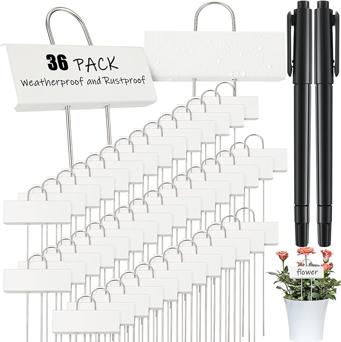 Maitys 38 Pcs Metal Plant Labels Garden Markers Outdoor Weatherproof 10.6 Inch Stainless Steel Nursery Tags Reusable Bulk with Pens for Flower Fruit Vegetable Seedling (White Label with Black Ink)