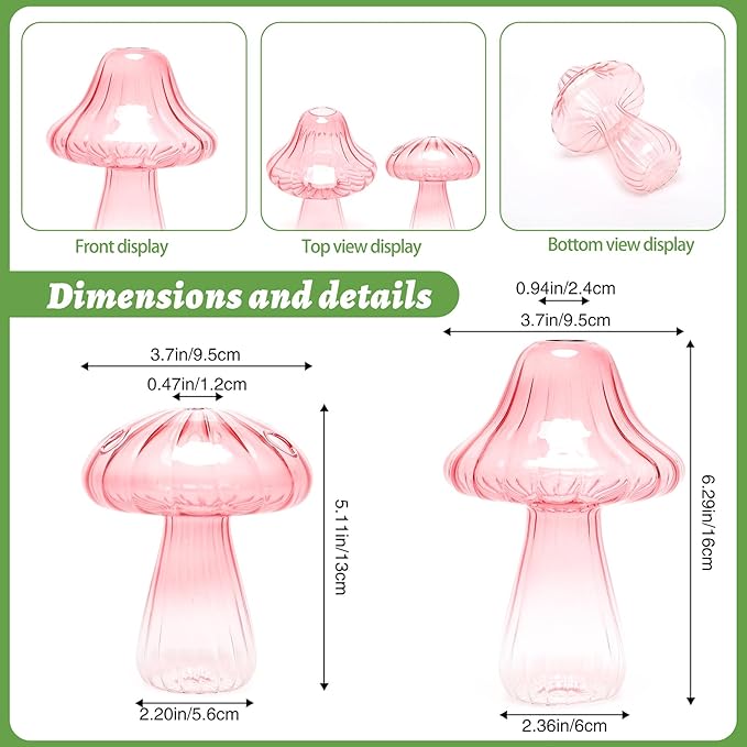Mushroom Glass Vase Propagation Stations Flower Vases Home Decor Mushroom Planter Cute Vases Garden Decoration Set of 2