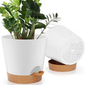 YNNICO 8-Inch Plant Pots, Self-Watering Planters with Drainage Holes & Saucers for Indoor and Outdoor Plants (2-Pack, White)