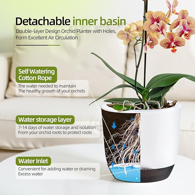 QCQHDU 2 Pack 7.2 Inch Orchid Pots with Holes for Repotting, Double-Layer and Self Watering Orchid Pot with Good Air Circulation