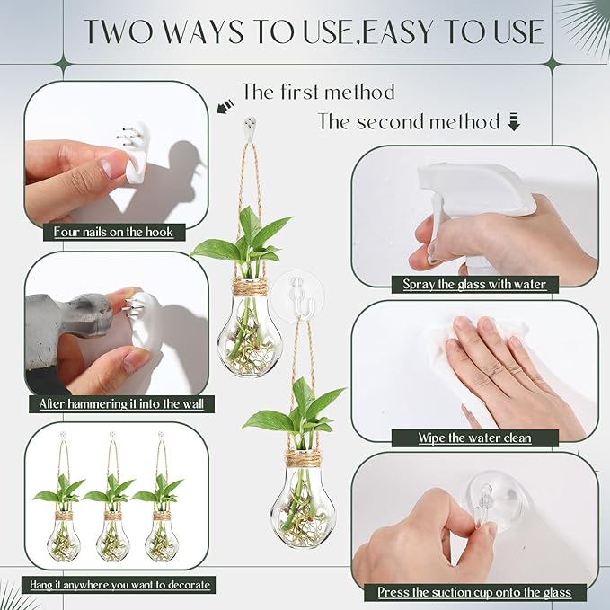 Baderke 12 Sets 3.15" Plastic Window Propagation Stations Hanging Propagation Vases Plant Test Tubes with Suction Cup & Traceless Nail & Brush Clear Wall Jars for Office Home Garden Decor Lover Gift