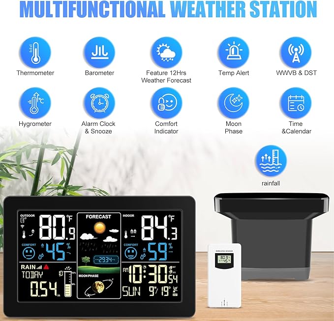 Weather Station with Rain Gauge Outdoor, Home Weather Stations Wireless Indoor Outdoor with Digital Rain Gauges, Thermometer, Barometer, Hygrometer, Atomic Clock, Weather Forecast, with 3 Sensor