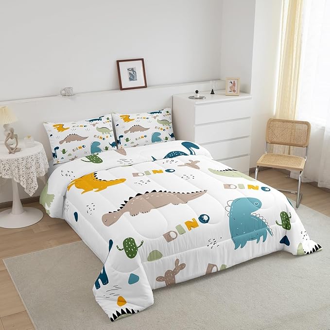 Feelyou Cute Dinosaur Comforter Set Cartoon Cactus Bedding Set Decor Jungle Dino Boho Succulent Comforter Wild Animal Pattern Yellow Grey Duvet Set Bedroom Quilt Set 3Pcs Queen
