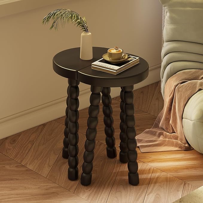 LitaEther Wooden Bobbin Side Table - Plant Stand - Half Round Table - Wooden Accent Stool- Minimalist Decorative Table for Bedroom, Hallway, Living Room (2, Black)