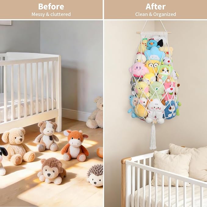 Stuffed Animal Storage Net Corner, 70 Inch Jumbo Macrame Stuffed Animal Hammock Plushie Net, Wall Ceiling Hanging Stuffy Storage Stuff Animal Organizer for Kid Boho Nursery Decor Gift (Cream)