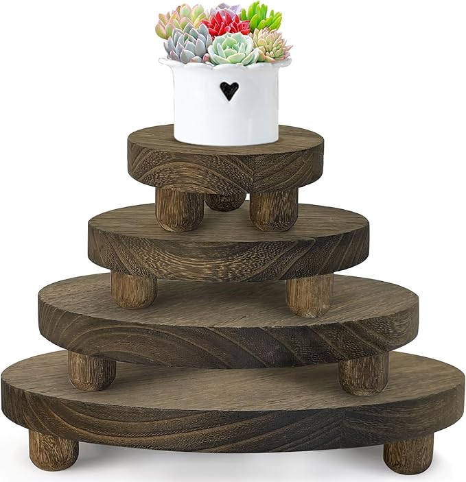 Wood Plant Stand Set of 4,mini Plant Stool 10 8 6 4 Inch, Wooden Display Risers Round Pedestal Counter Decor Holder Tiered Tray for Indoor Home Kitchen Patio Decoration (Dark Brown-4pack)