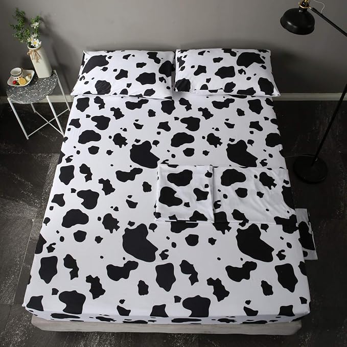 Kids Cute Cow Bed Sheet Set with 2 Pillowcase 1 Fitted Sheet 1 Flat Sheet Queen Size Children Cartoon Milk Cow Animal Bedding Set for Boys Girls Bedroom Decor Lovely Black White Bed Cover Microfiber