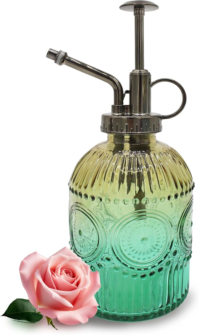 Glass Plant Mister Spray Bottle, 350ML Vintage Plant Spritzer with Top Pump Watering Can for Indoor Outdoor House Plants, Flowers (Gold-Green)