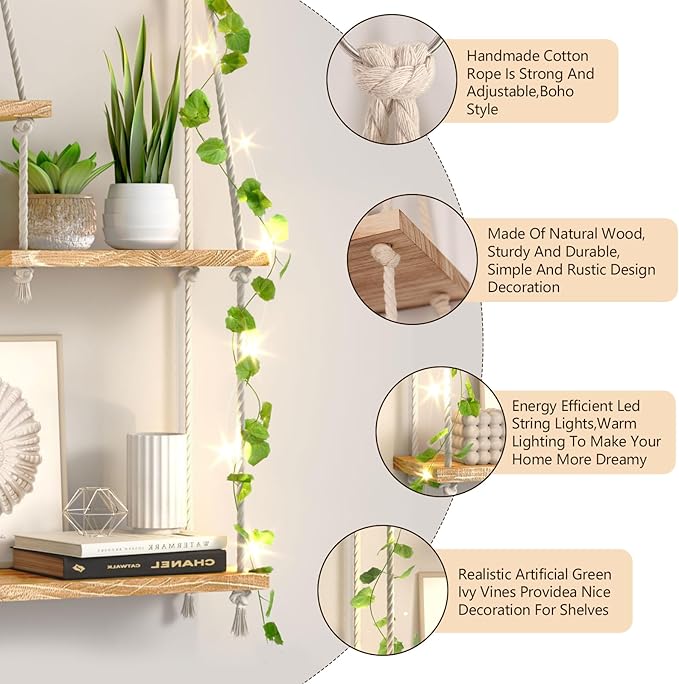 Hanging Shelves for Wall,Macrame Hanging Plant Shelf with Vine Lights 3 Tier Rope Floating Shelf Wood Organizer Storage Rack Boho Wall Decor Aesthetic for Succulents Bedroom Bathroom Kitchen