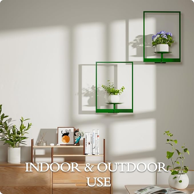 Green Metal Wall Plant Holder - 2-Pack Wall Mounted Plant Stands and Hanging Holders for Indoor Planter and Flower Pot -Rectangle Decor Shelf for Plant Storage (Pot Not Included)