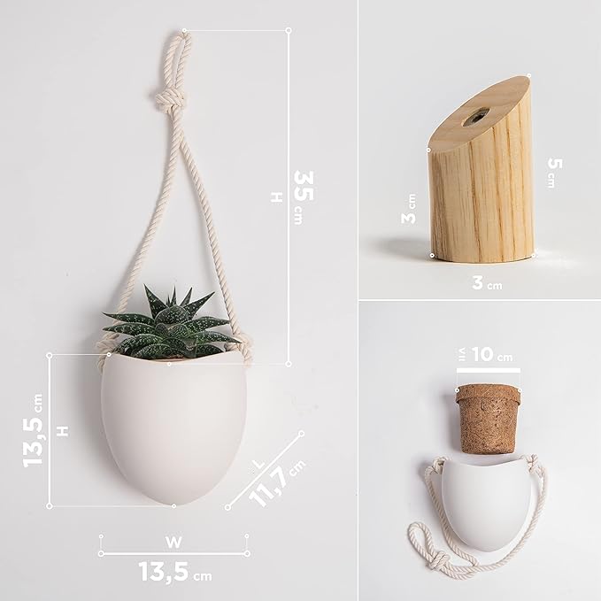 Kazai. Porcelain Wall Vases | 3 Piece Set | Including Wooden Hooks | Matte White